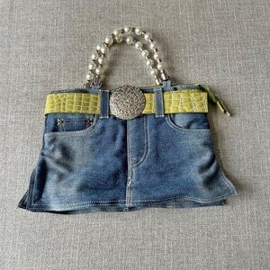Fun Cute Denim purse with green belt and pearl handle